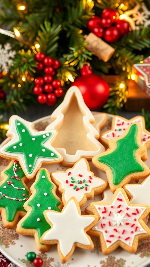 A plate of festive Christmas cookies shaped with molds, decorated with sprinkles, surrounded by holiday decorations.